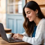 스마트스토어 매출 극대화 - **Prompt:** "A Portuguese woman in her late 20s, with a warm smile, is seated at a cozy, rustic wood...