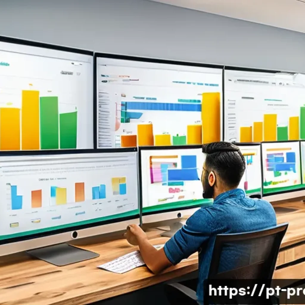 키워드 광고 수익 - A modern digital marketing office scene showing a diverse Brazilian marketing team analyzing keyword...