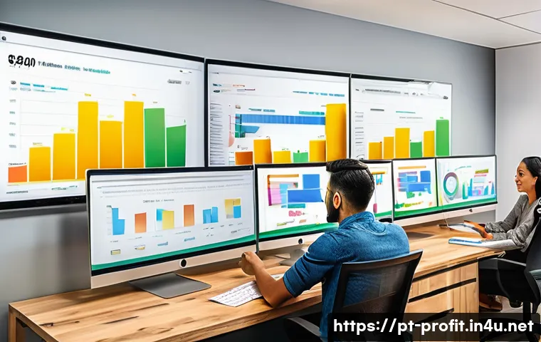 키워드 광고 수익 - A modern digital marketing office scene showing a diverse Brazilian marketing team analyzing keyword...
