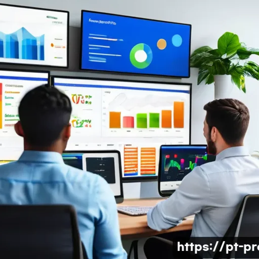 CPA 마케팅 전략 - A professional digital marketing workspace scene featuring a diverse Brazilian team analyzing campai...