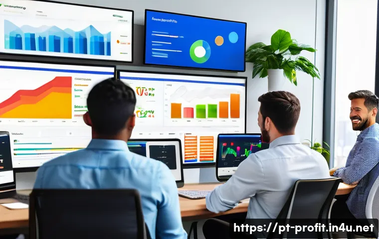 CPA 마케팅 전략 - A professional digital marketing workspace scene featuring a diverse Brazilian team analyzing campai...