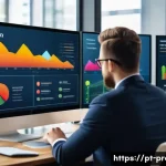Home 22 SaaS 비즈니스 수익 구조 - A modern office scene showing a diverse group of professionals analyzing SaaS financial metrics on l...