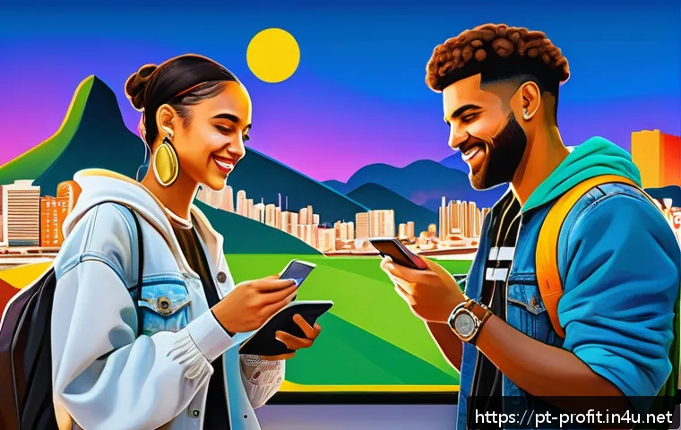 소셜 토큰 경제 - A vibrant digital art scene featuring Brazilian content creators and diverse fans engaging through s...