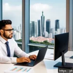 Home 23 자산 기반 수익 모델 - A modern, bright home office setup showing a young Brazilian professional analyzing real estate inve...